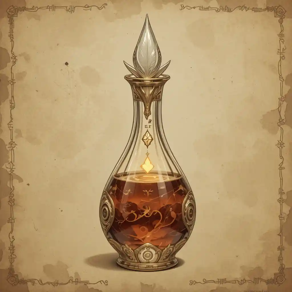 Flacon de potion fantastique avec plumes arcaniques lumineuses