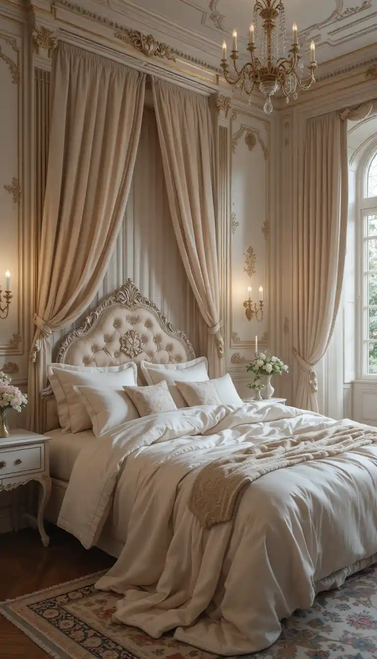 Elegant cozy bedroom with silky blankets and calm atmosphere