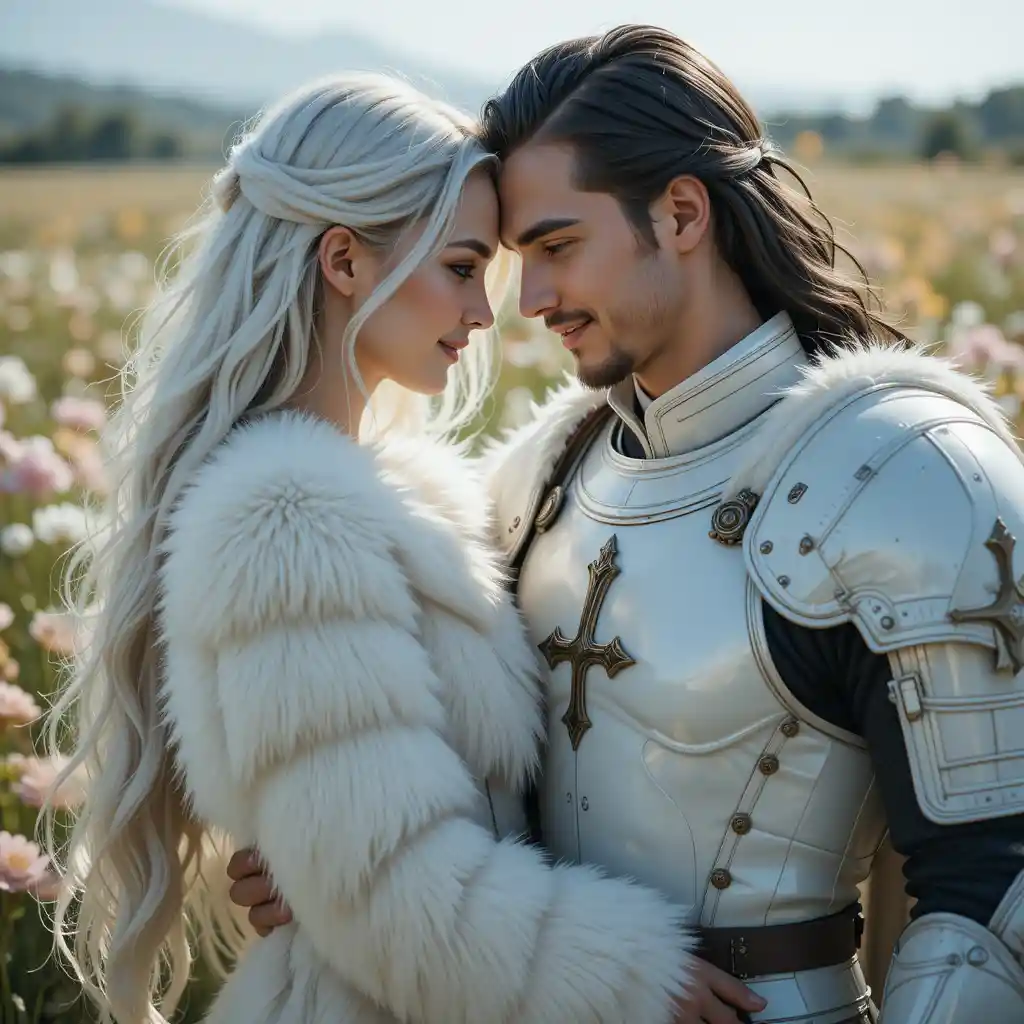 Romantic couple embracing in a sunny flower field