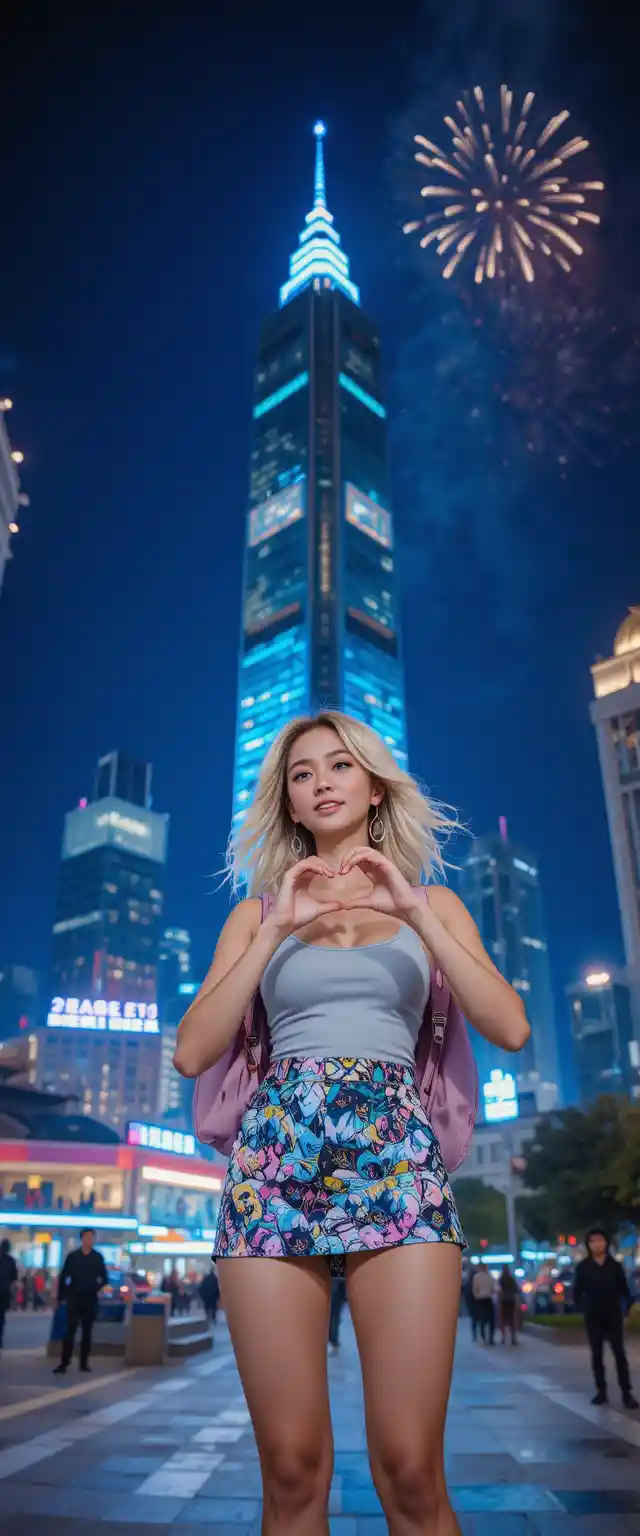 Femme blonde prenant un selfie devant les feux d’artifice du Taipei 101