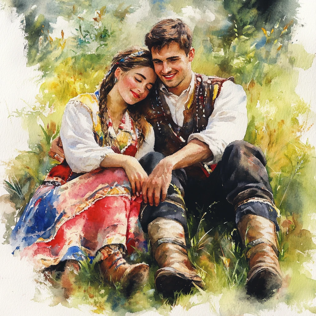 Aquarell eines Paares in bulgarischen Volkstrachten auf grüner Wiese