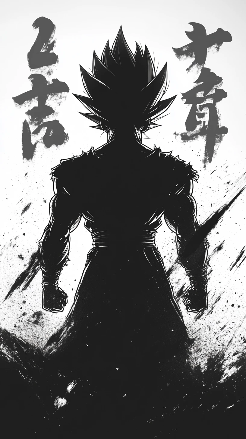 Silhueta de guerreiro de anime pensativo irradiando intensa energia de batalha