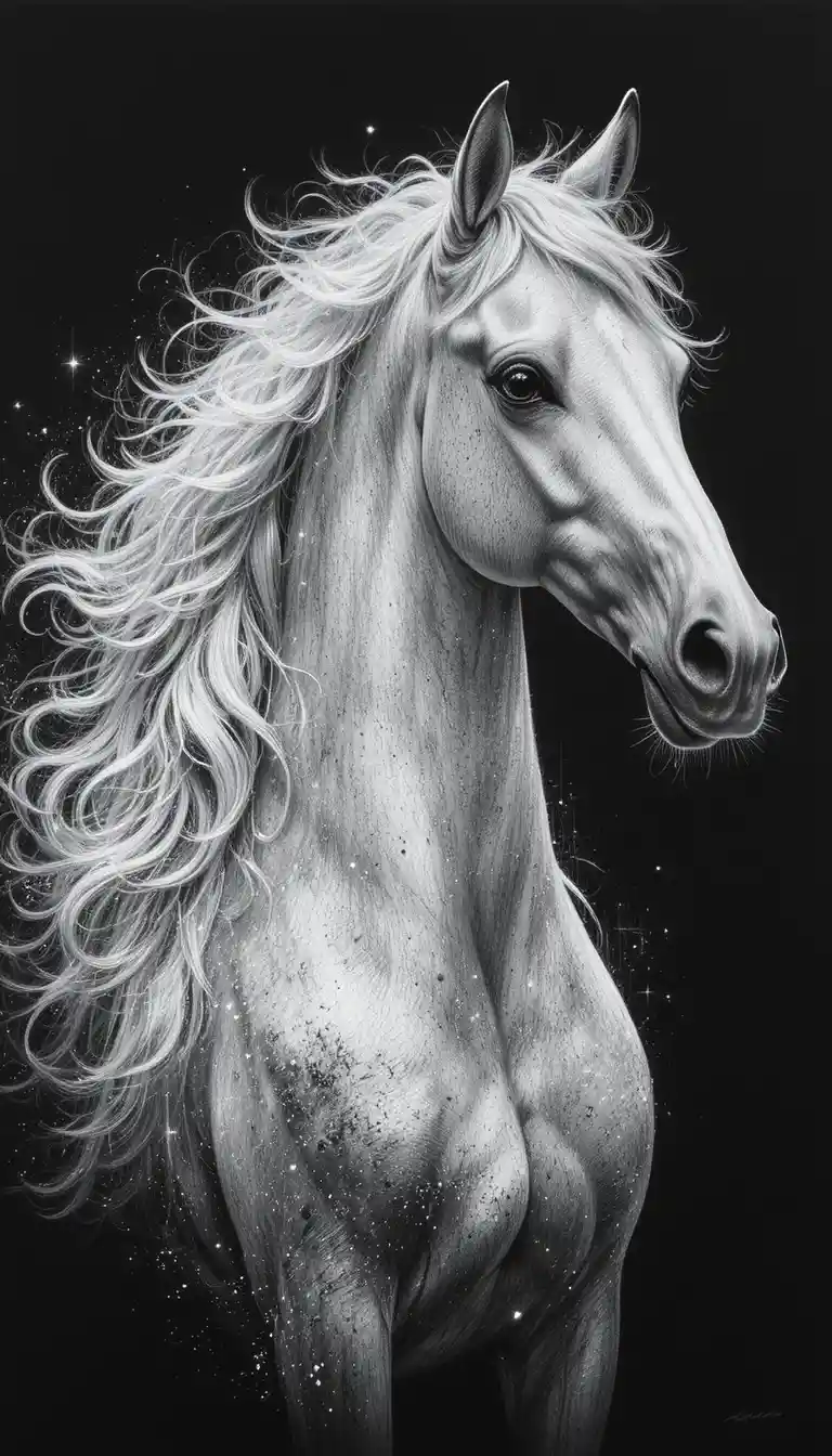 Ritratto di cavallo arabo bianco su carta nera con polvere luminosa