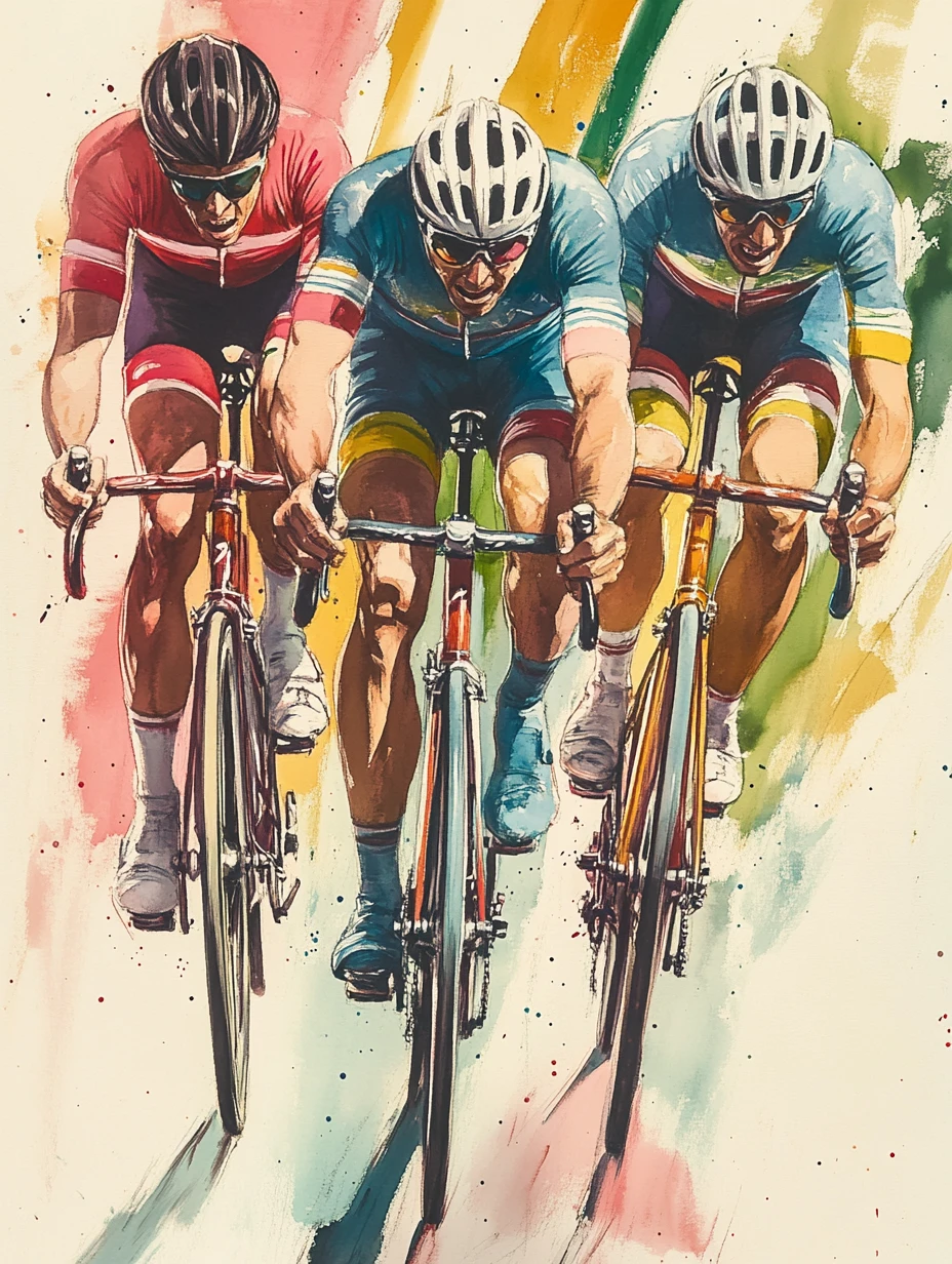 Ilustração em aquarela de três ciclistas vintage em corrida intensa