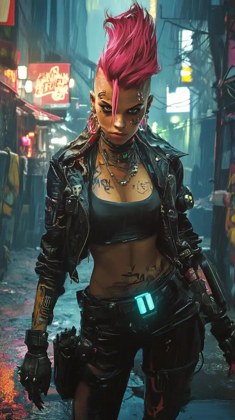 Cyberpunk woman posing in neon lit graffiti alley
