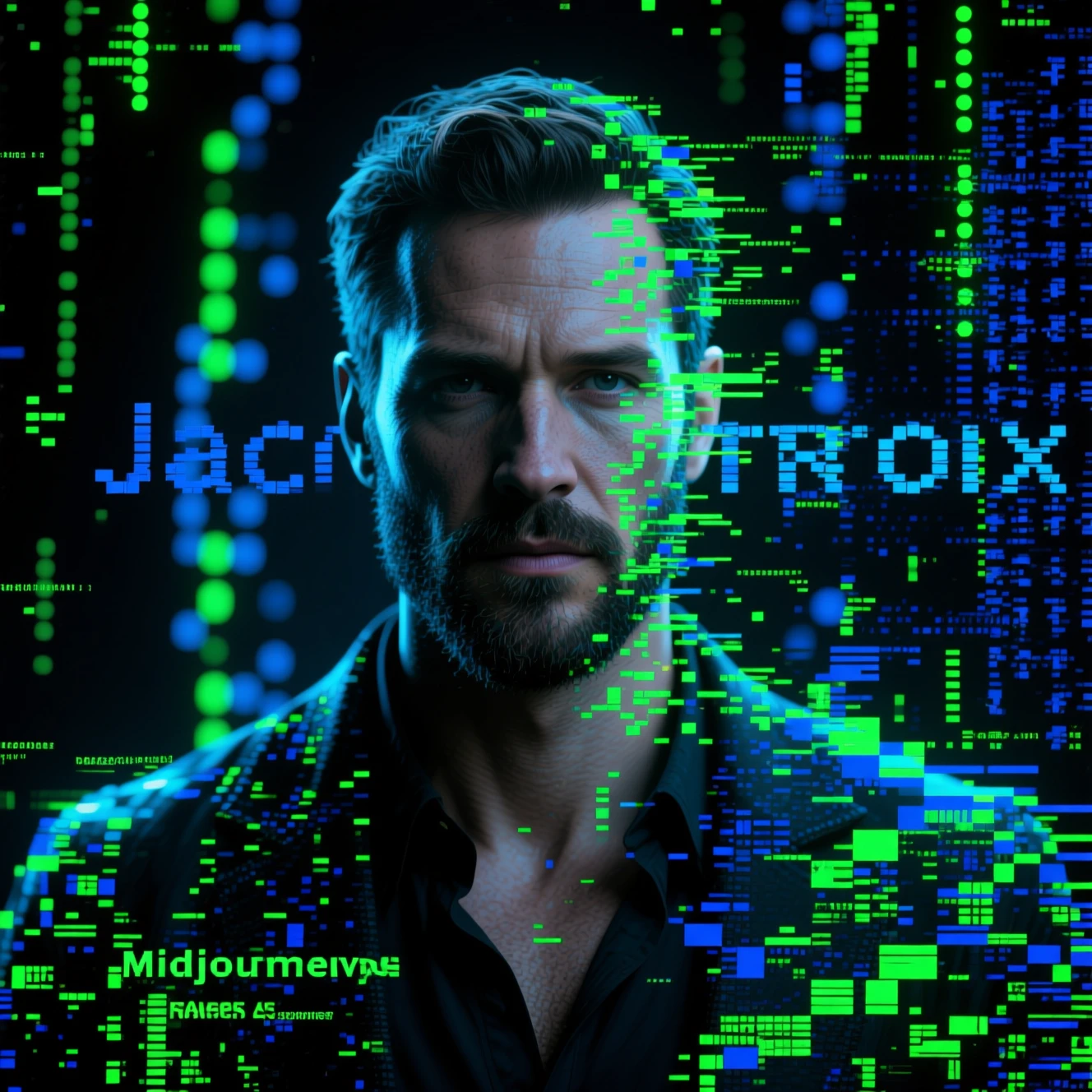 Cinematic glitch typography in a dark digital matrix collage