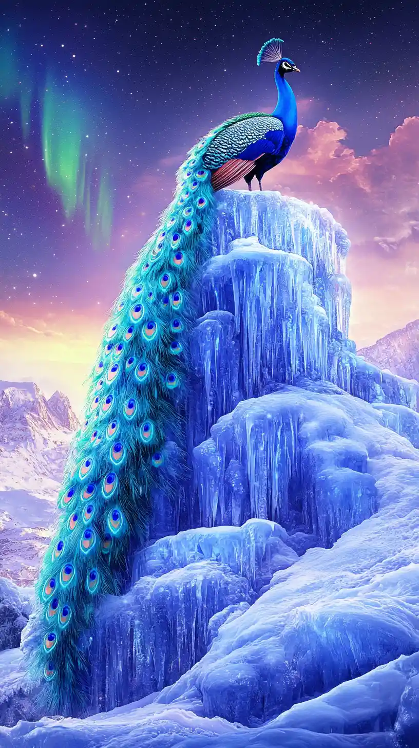 Paon bleu sur une ancienne sculpture de glace sous un ciel d’aurore