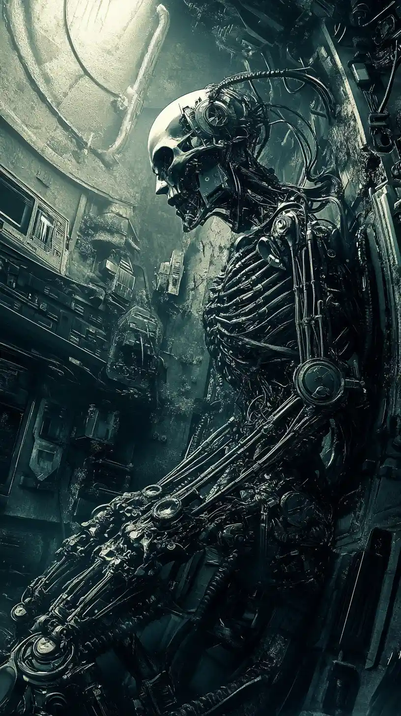 Cybernetic human fused with machinery in industrial lab
