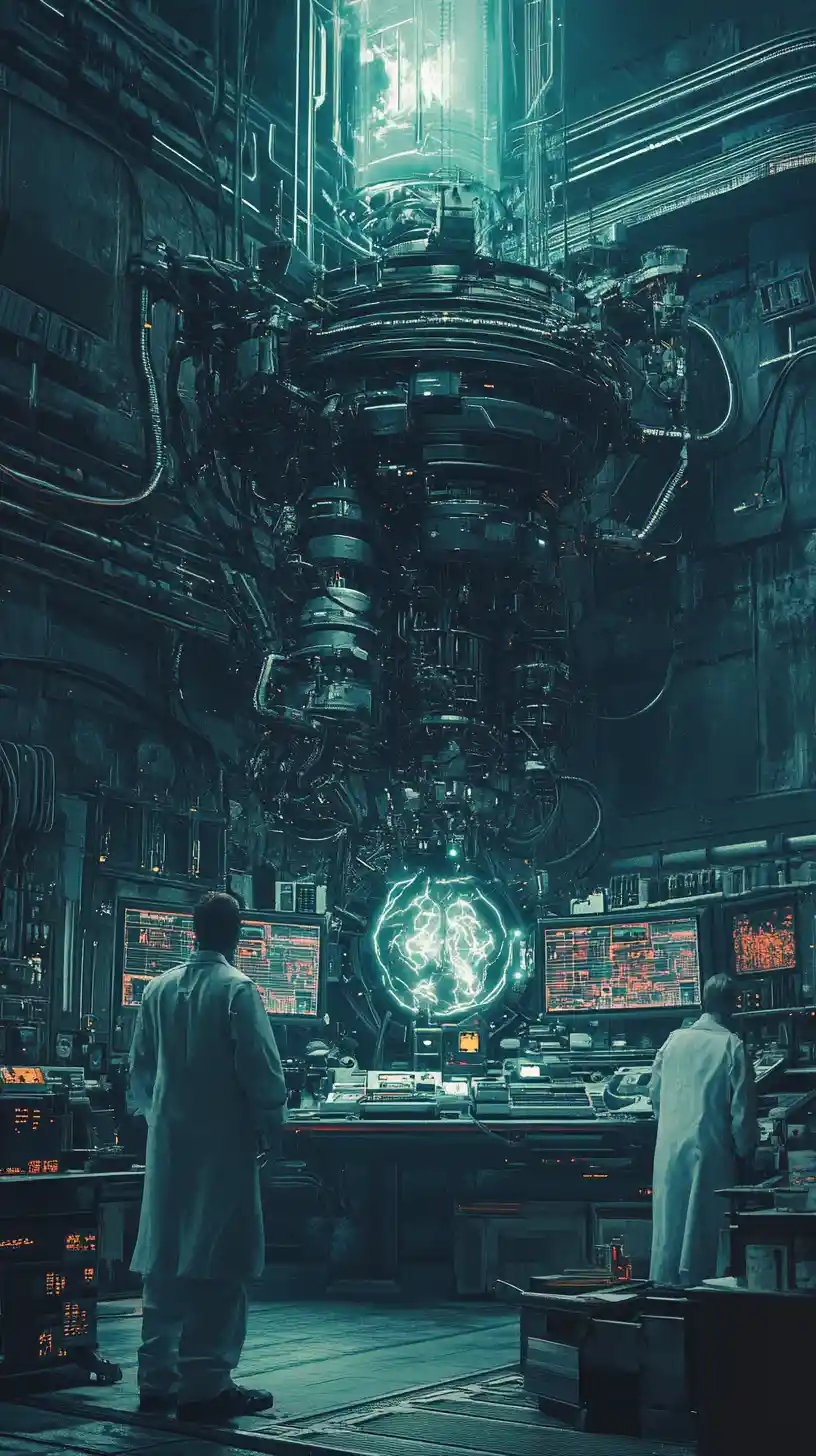 Anatomia di un cyborg in una scena di laboratorio industriale oscuro