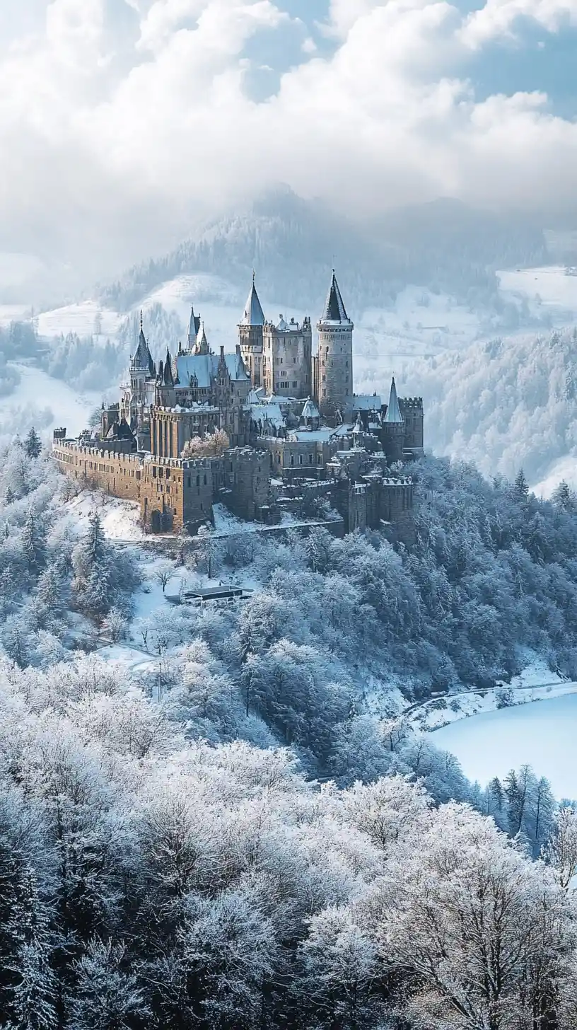 Majestic medieval castle rising from snowy mountain peaks