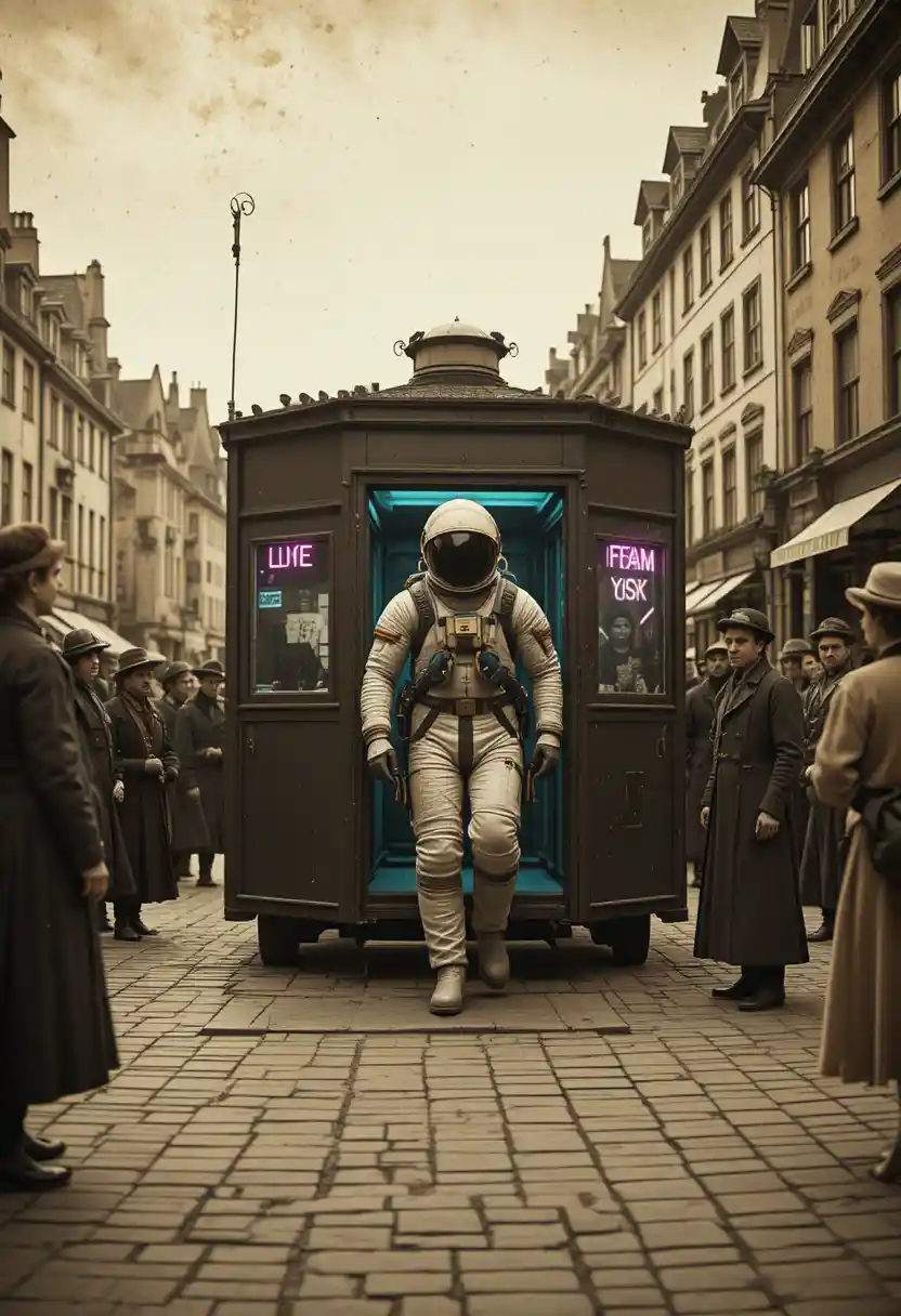 Astronauta saindo de cabine em praça europeia vintage