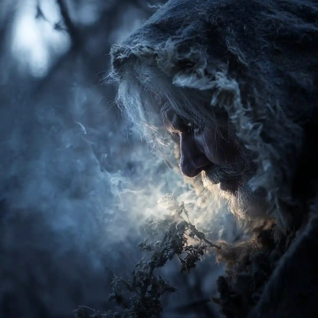 Espírito de inverno etéreo envolto em luz mágica cintilante