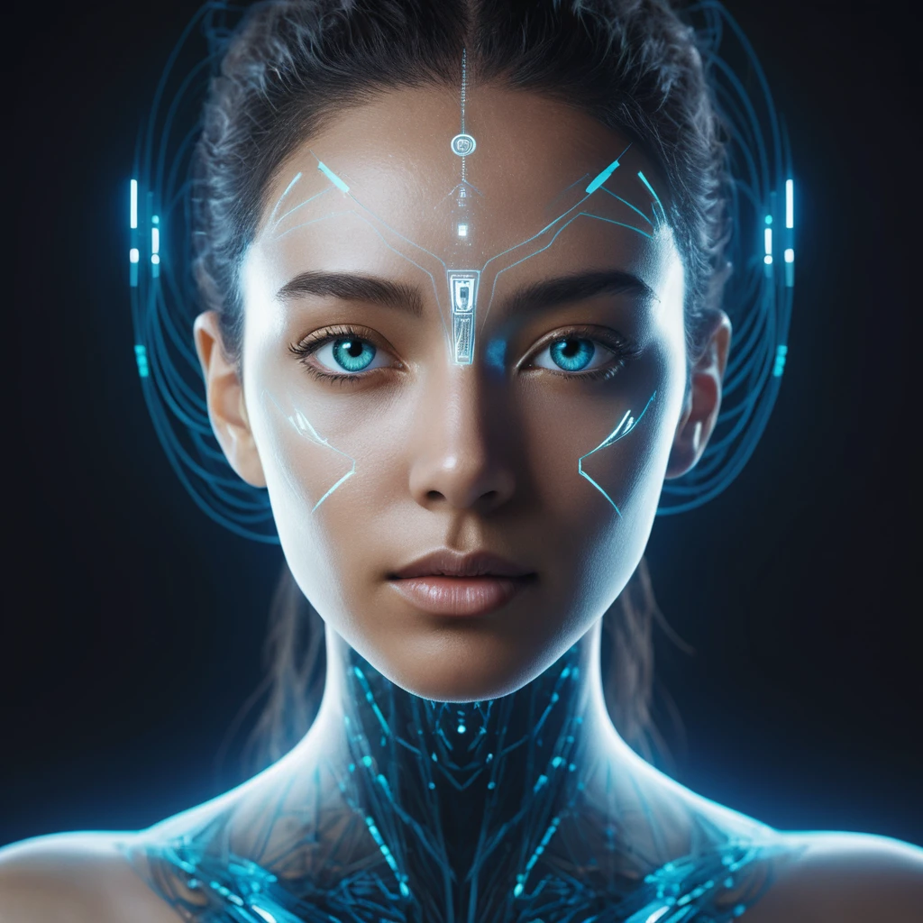Rosto futurista sem gênero formado por luz abstrata brilhante