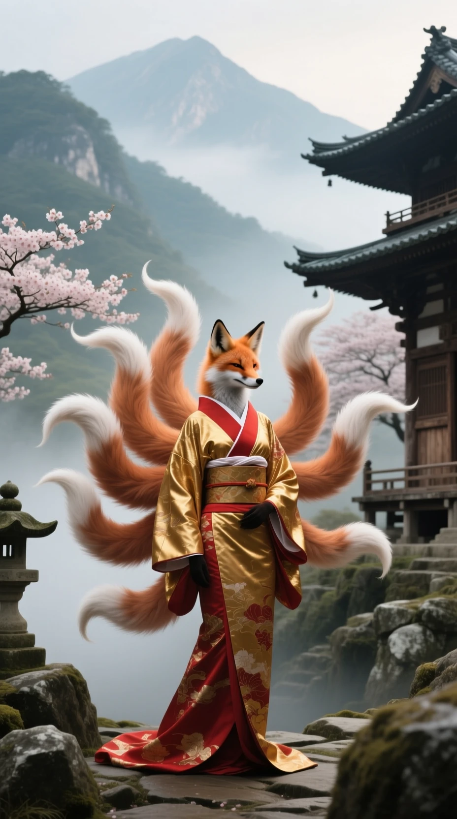 Divinité mystique renard à neuf queues dans un paisible temple de montagne