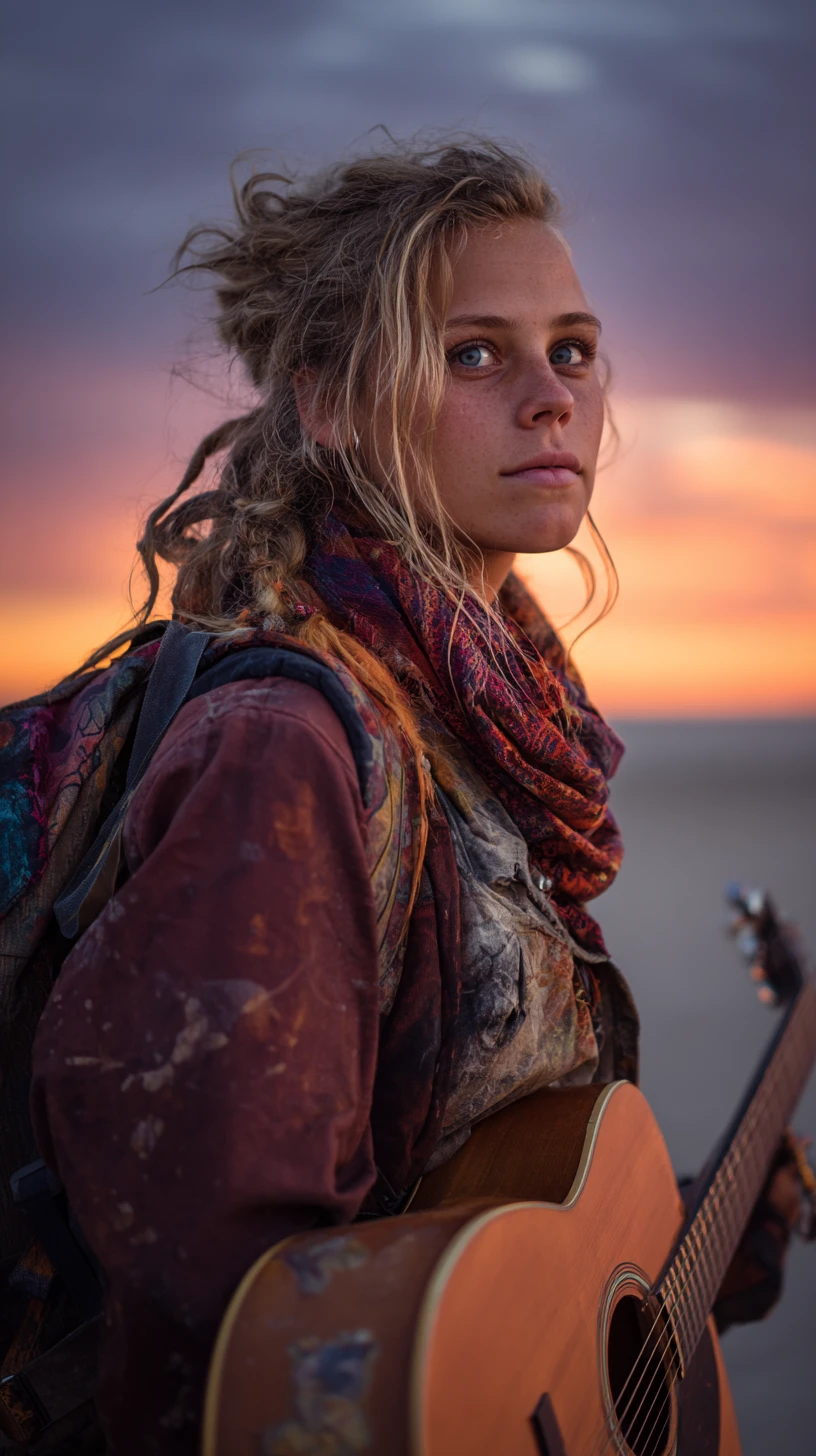 Young woman with guitar walking into sunset adventure