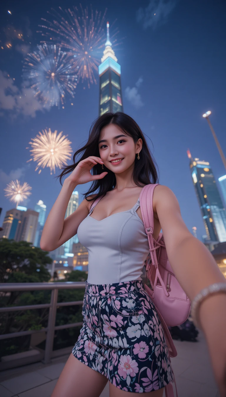 Junge Frau macht ein Selfie vor dem Feuerwerk am Taipei 101