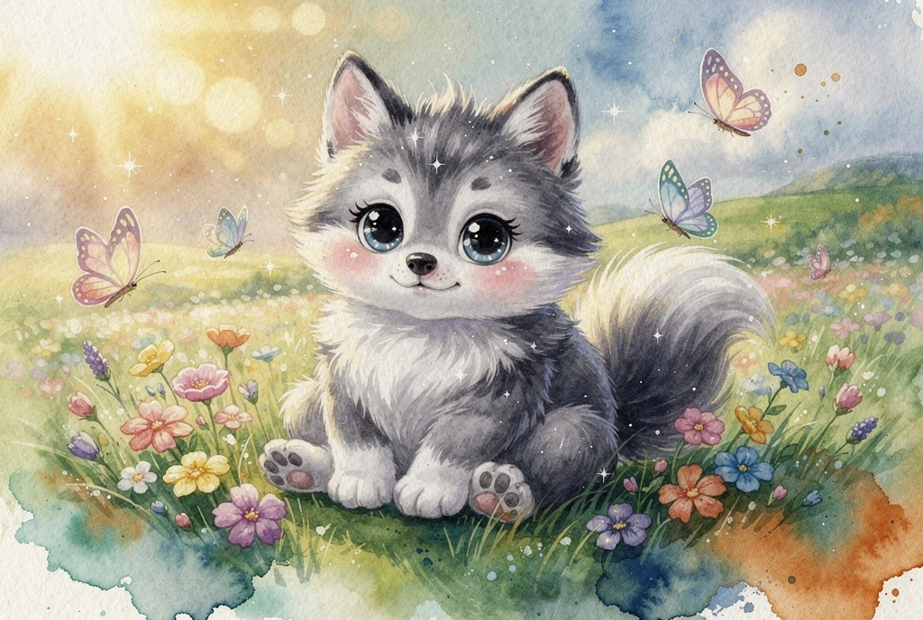 Cute baby wolf in watercolor meadow with butterflies