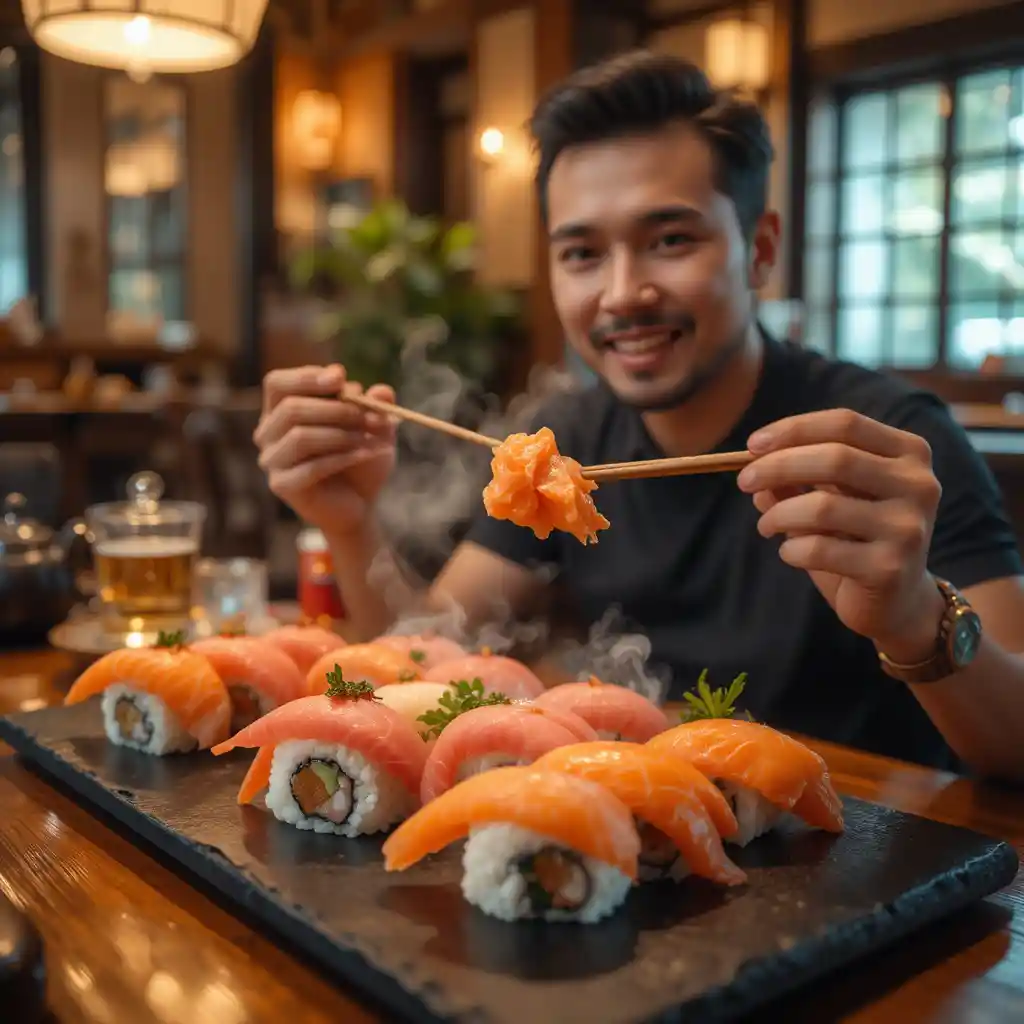 Homme dégustant des sushis à la table d’un restaurant japonais chaleureux