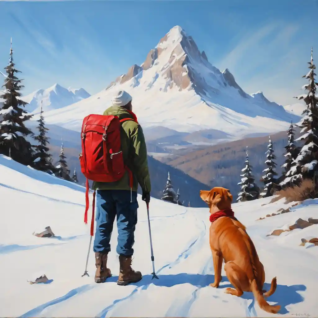 White cat and brown dog facing a snowy mountain peak