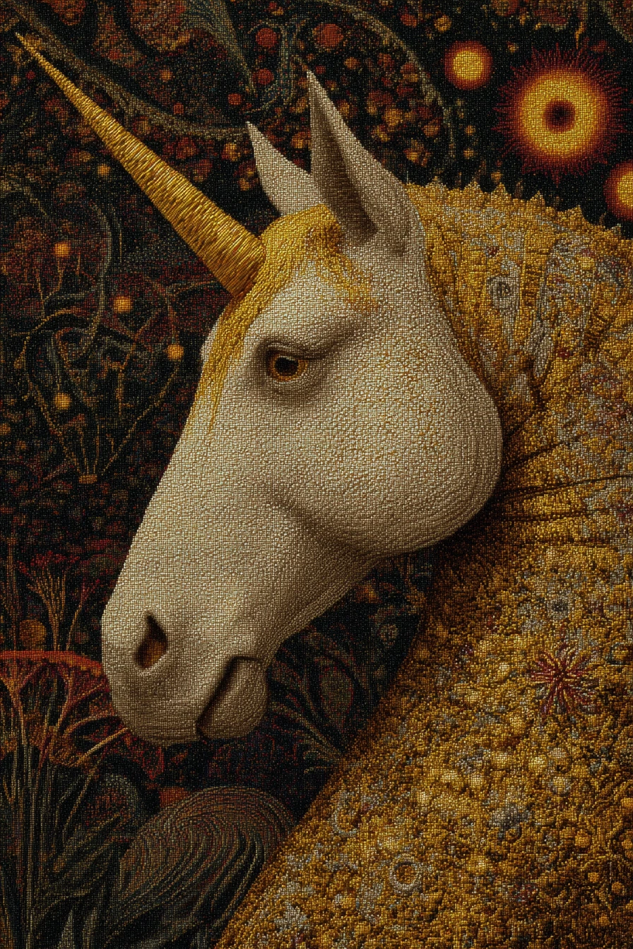 Unicorno che fa le fusa in una scena surreale di arazzo di lana