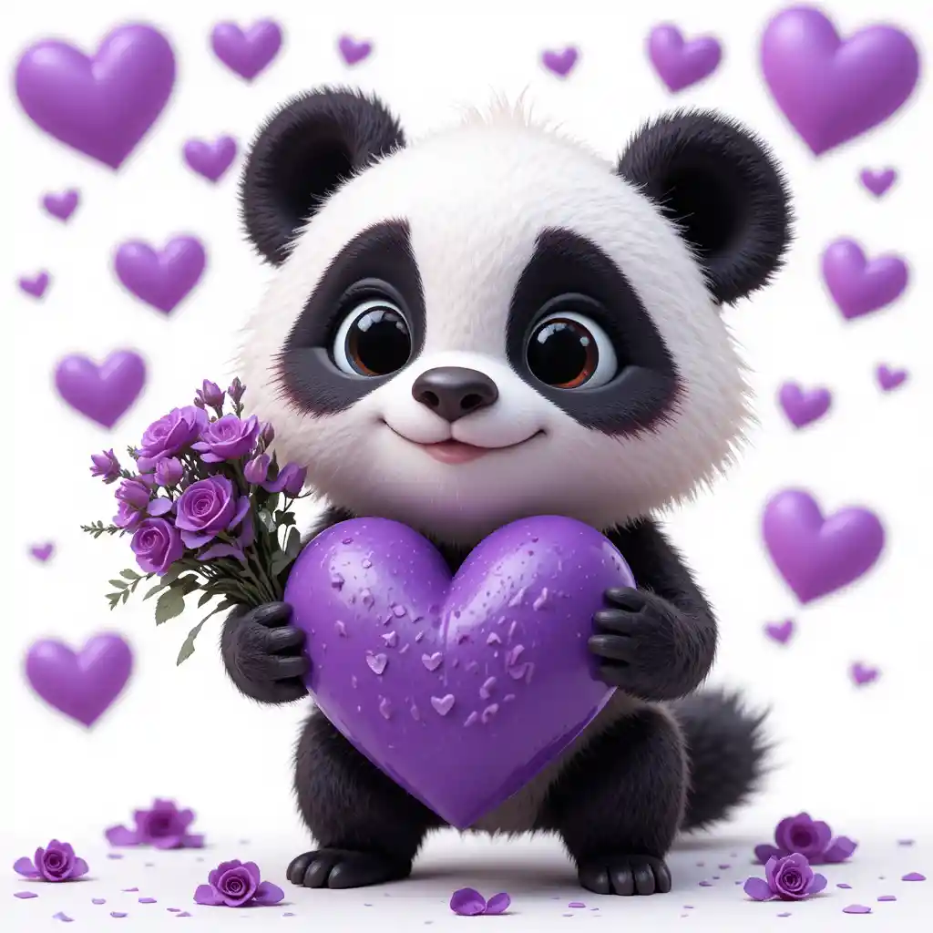 Niedlicher 3D-Panda mit lilafarbenem Herz und Rosen