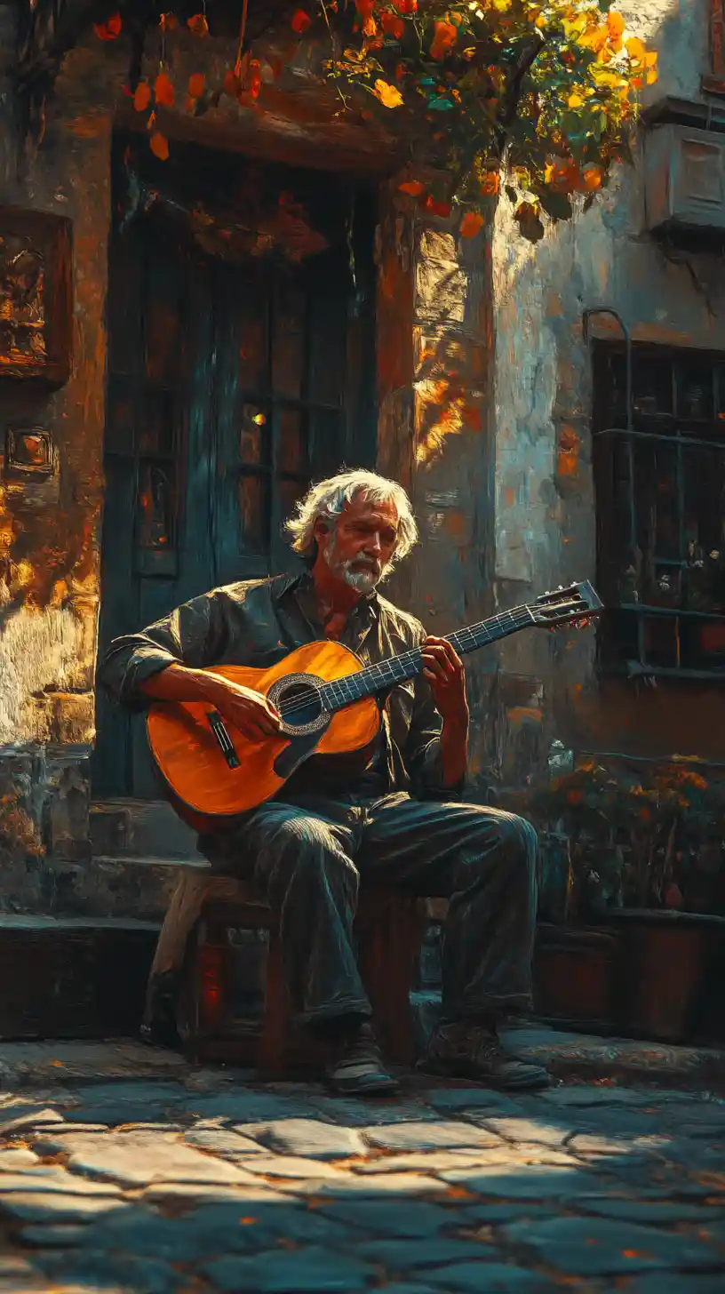 Músico callejero errante tocando la guitarra en un viejo pueblo