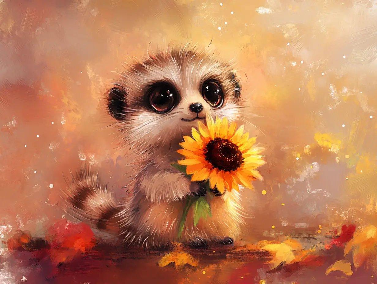 Cute Baby Meerkat Holding Sunflower In Autumn Watercolor