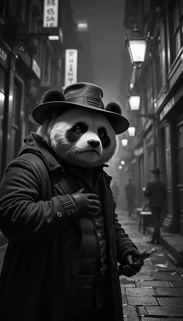 Panda Detective Gruñón en una Escena de Calle Noir