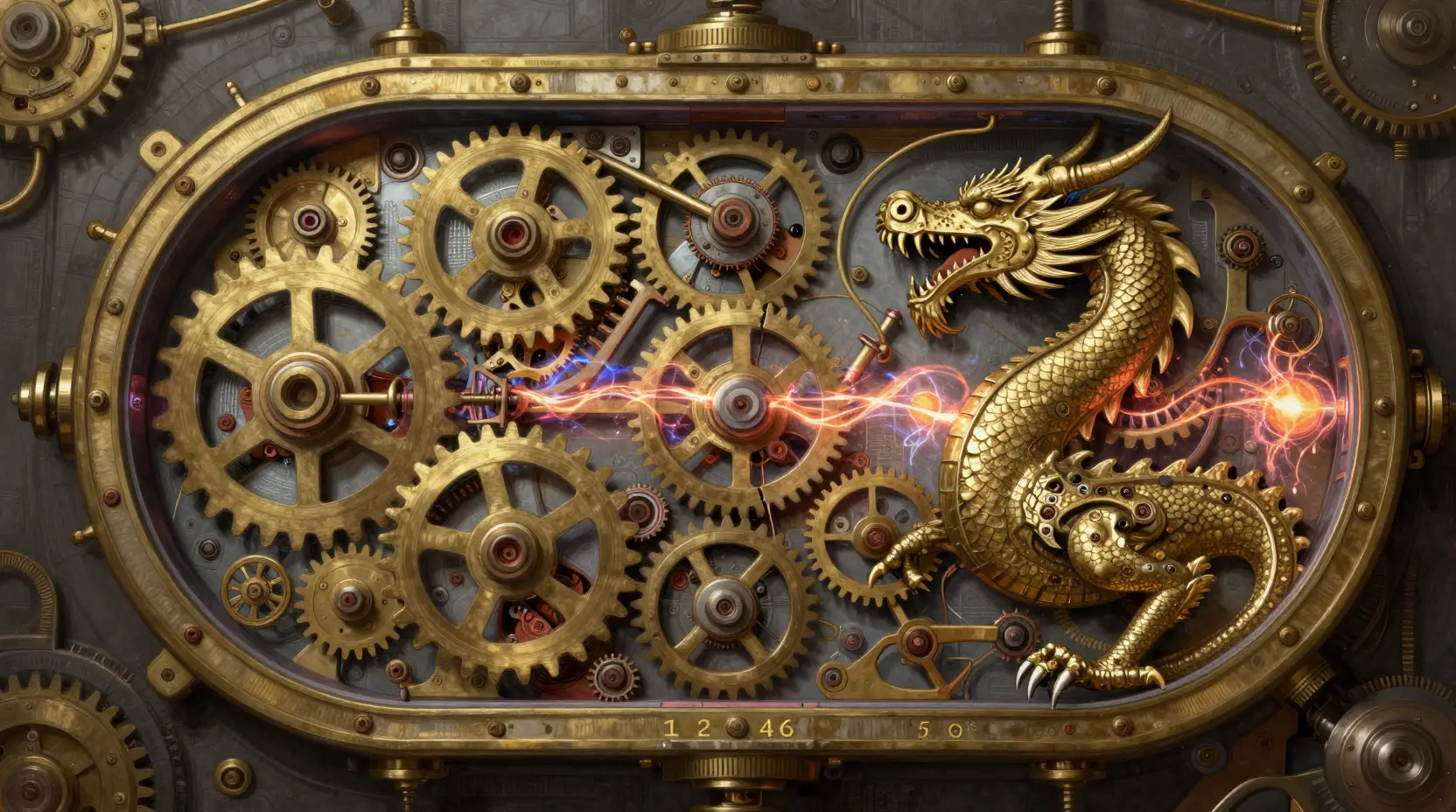 Coupe transversale de dragon mécanique avec machinerie arcane lumineuse