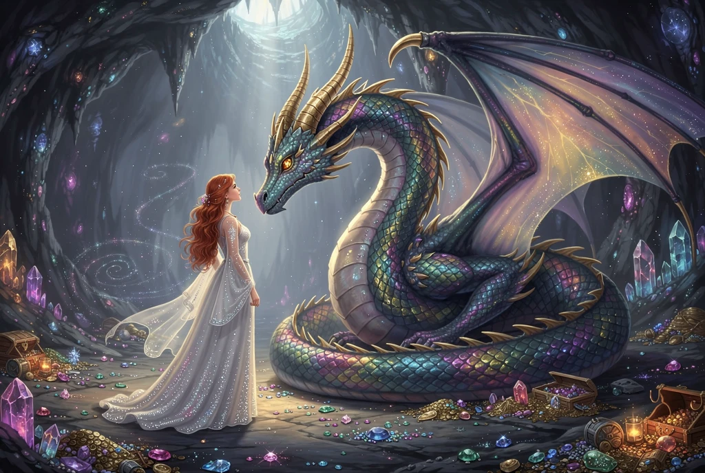 Gentle dragon and woman sharing a tender cave moment