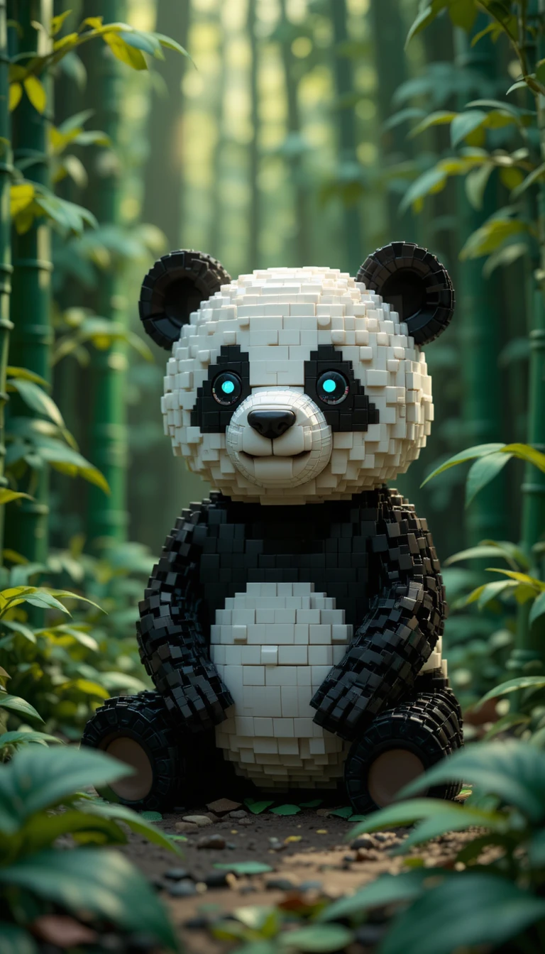 Cute lego panda sitting in a lush bamboo forest