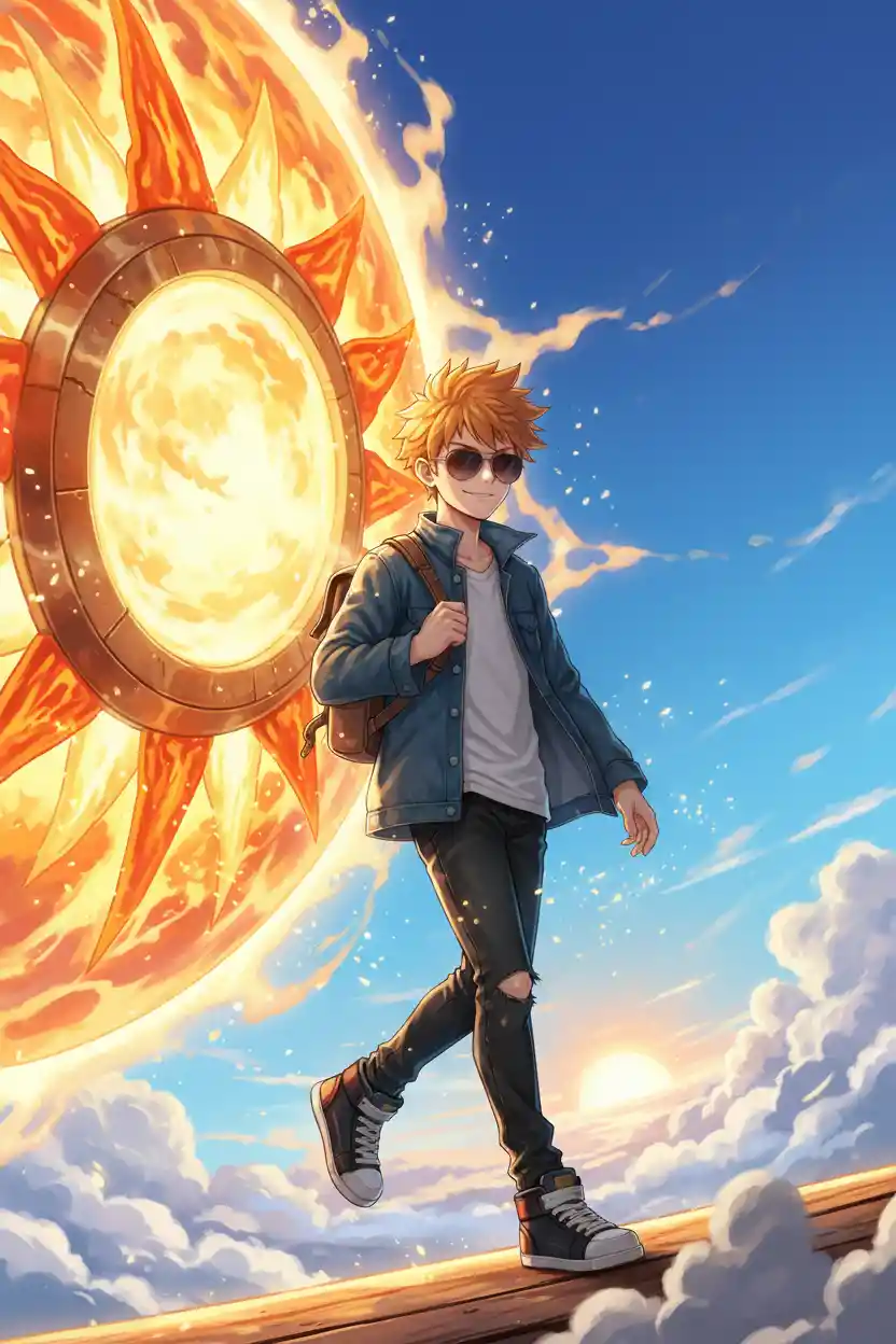 Garçon d’anime descendant d’un vaisseau solaire lumineux