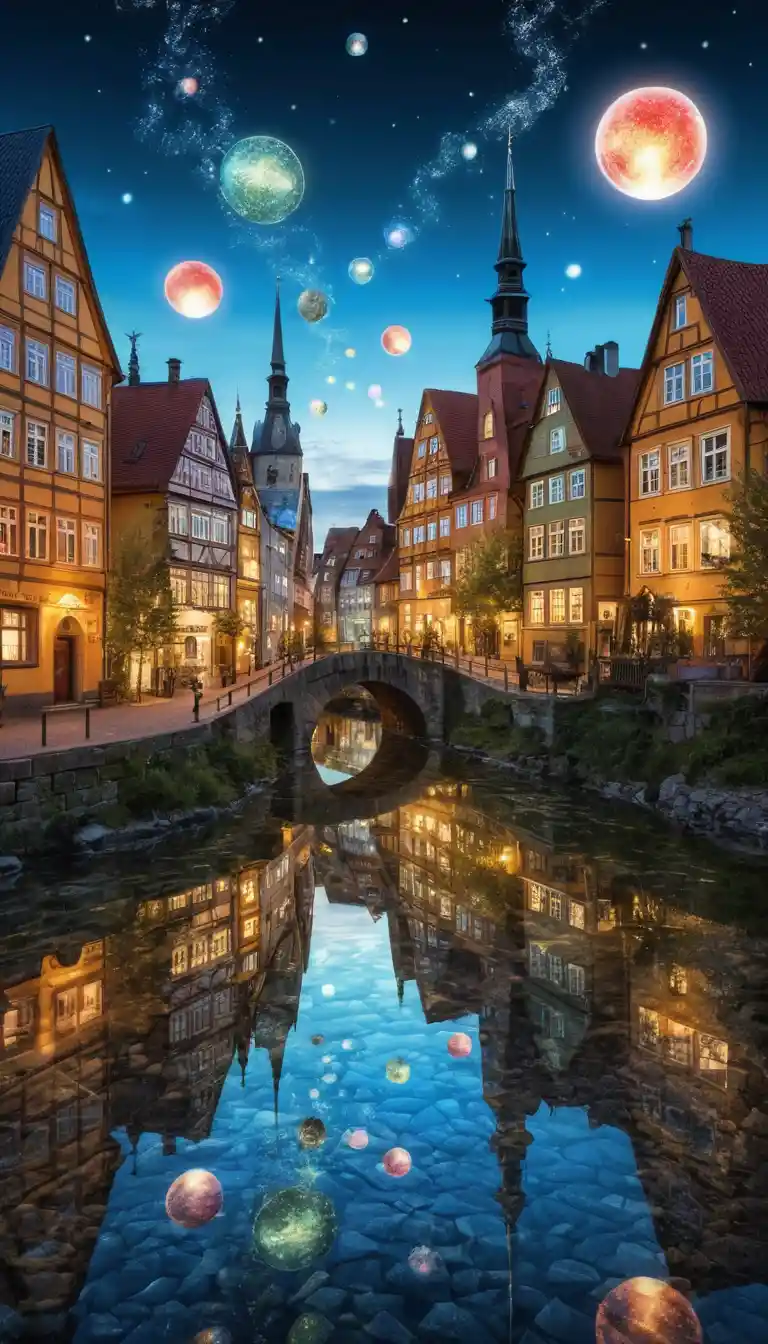 Surreal fantasy cityscape built from shimmering soap bubbles