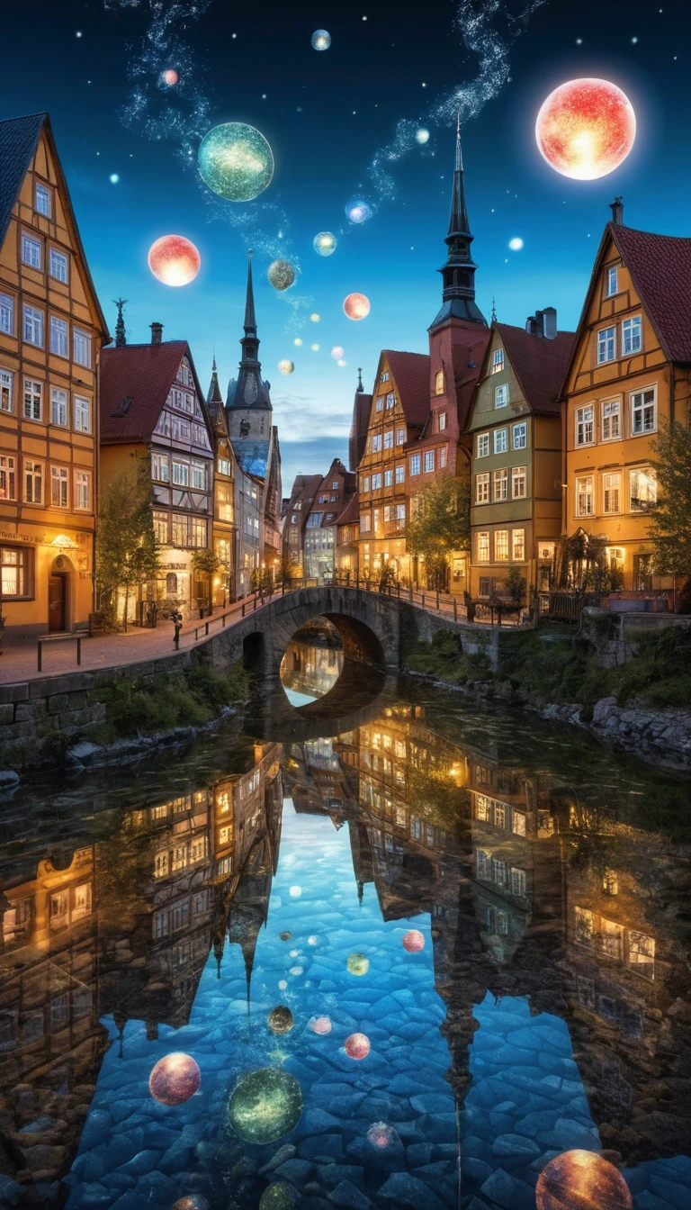 Surreal fantasy cityscape built from shimmering soap bubbles