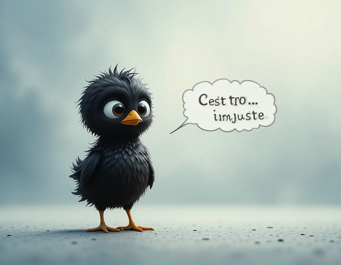 Pulcino cartoon triste in piedi da solo su uno sfondo morbido e sfocato