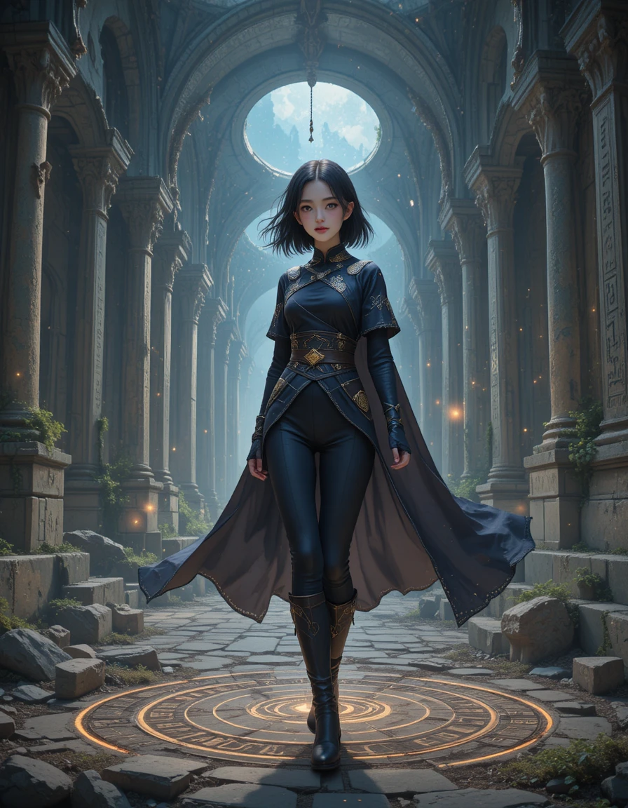 Fantasy Woman In Ruined Sanctuary With Glowing Magic