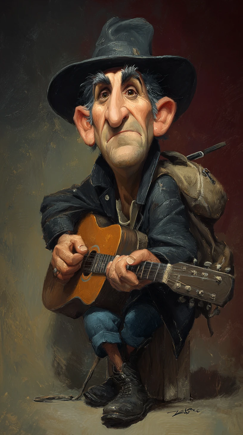 Viajante carregando um violão pelo mundo