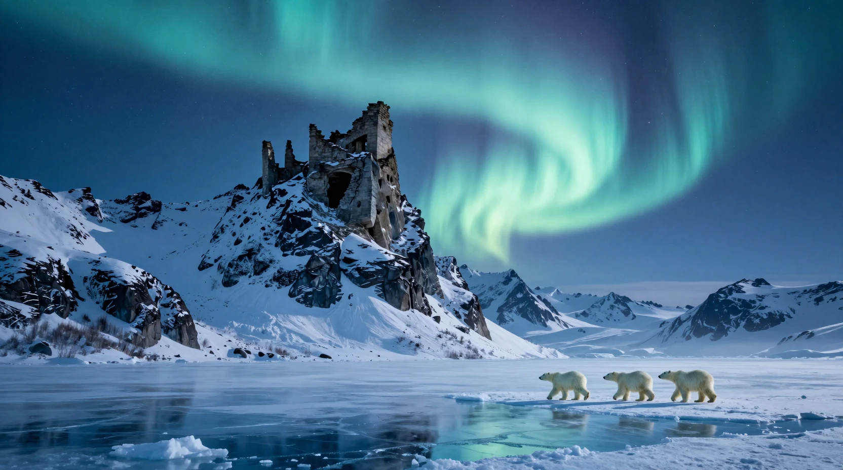 Montanhas nevadas sob a aurora com antiga ruína à noite