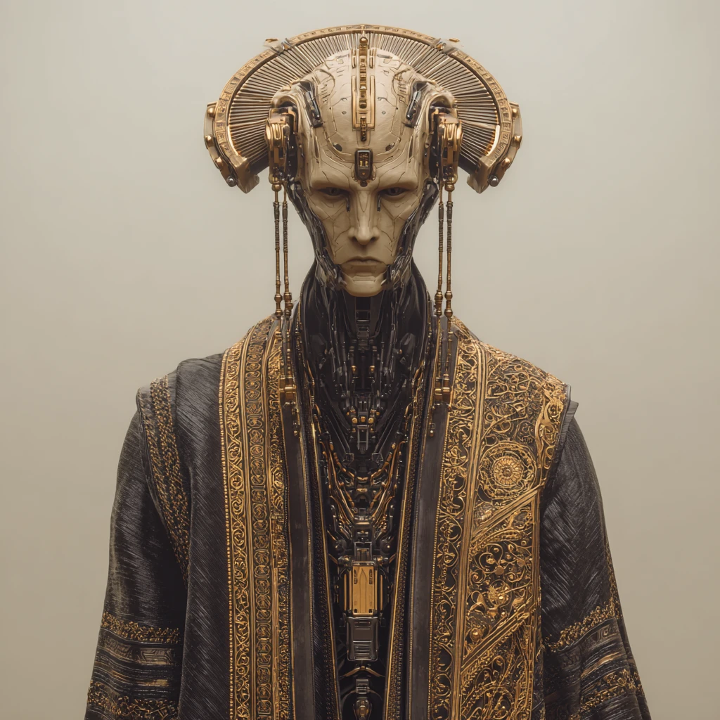Guerrier cyborg cinématographique en robes noires et dorées ornées