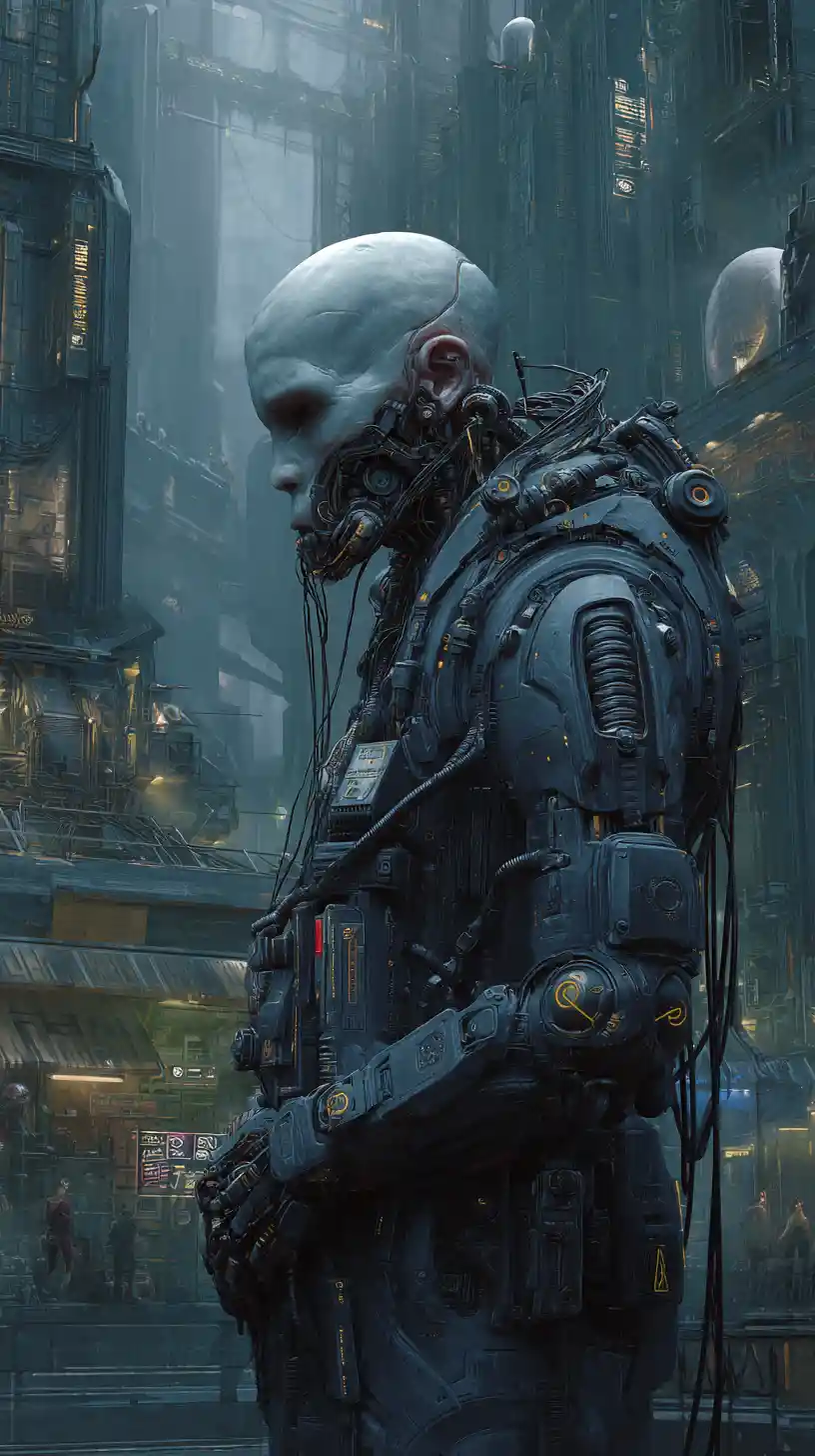 Cyborg menaçant en armure lourde devant une ville sombre