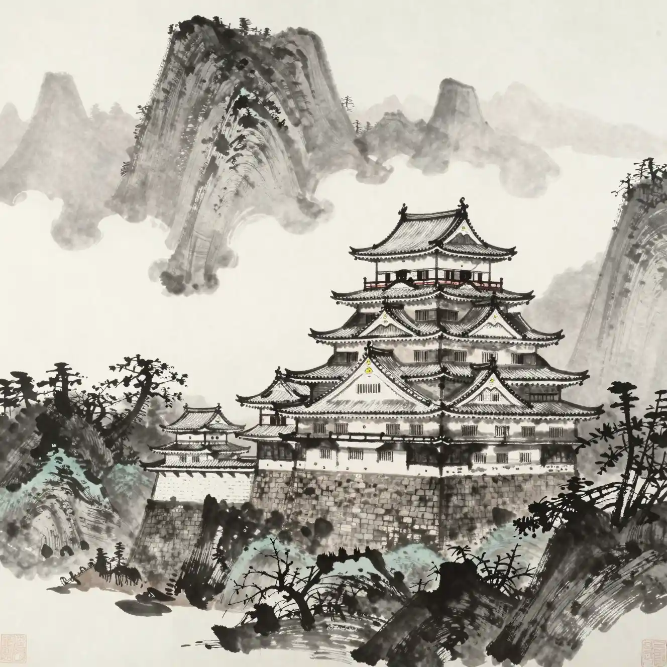 Mystical ink wash castle among towering hazy mountains