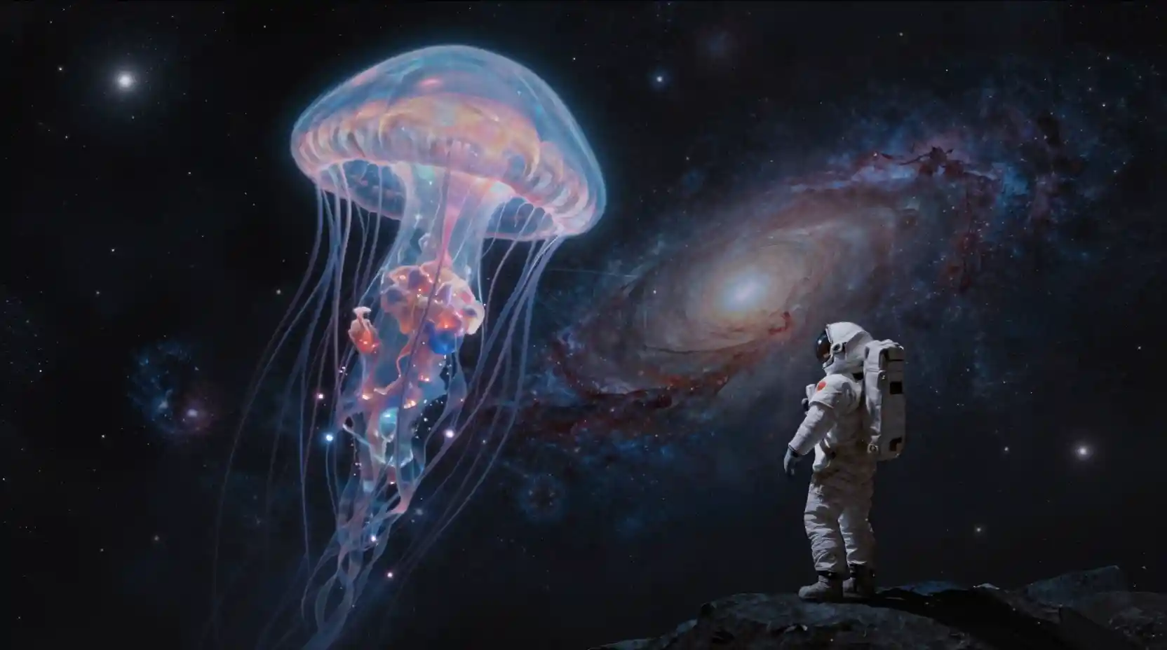 Astronaut Adrift Before A Colossal Cosmic Jellyfish