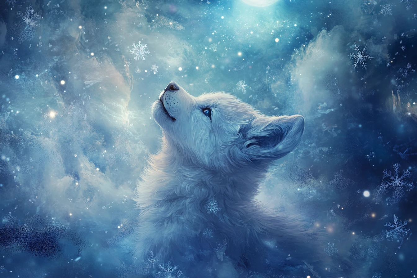Filhote de lobo uivando para a lua em floresta de inverno encantada