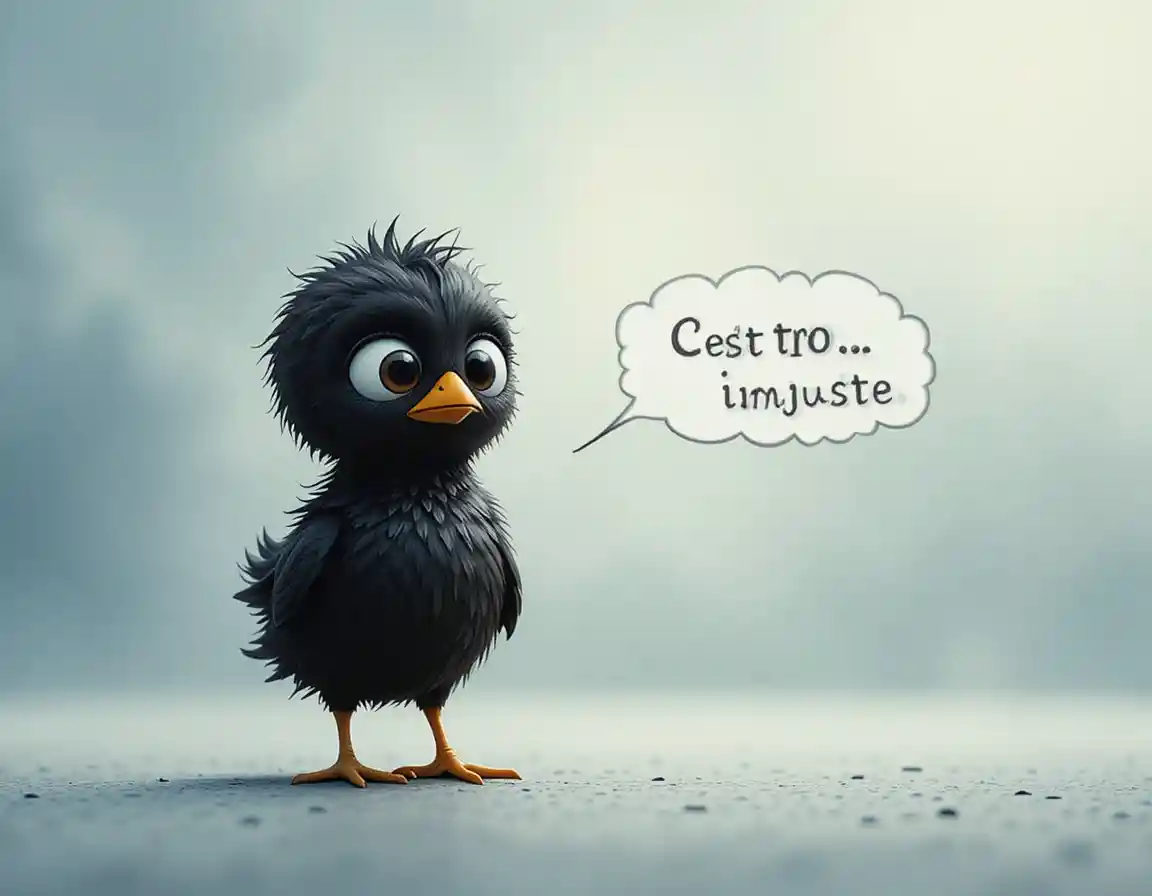 Sad cartoon chick standing alone against soft blurred background