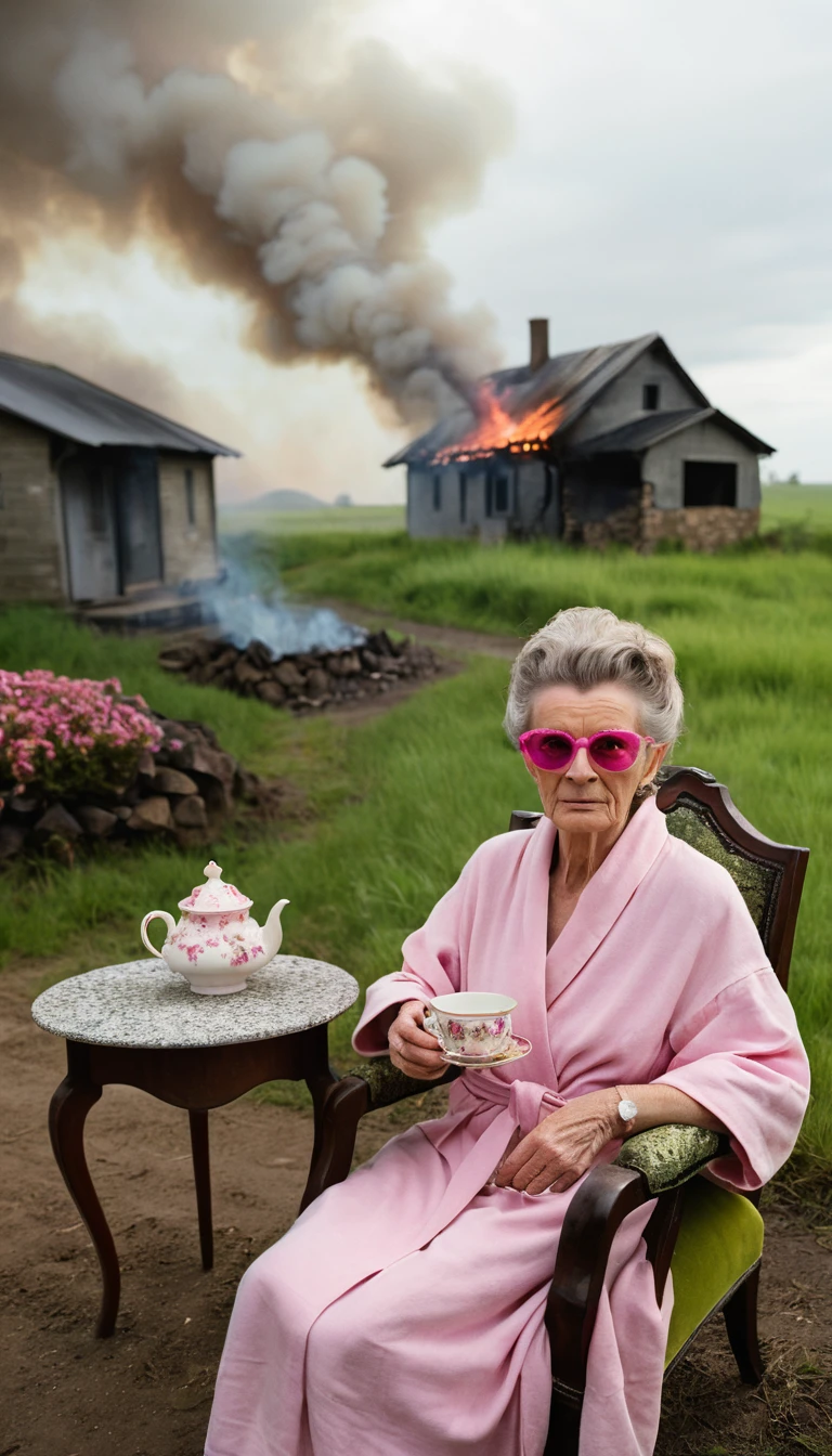 Ältere Frau in Pink im Sessel vor brennendem Bauernhaus