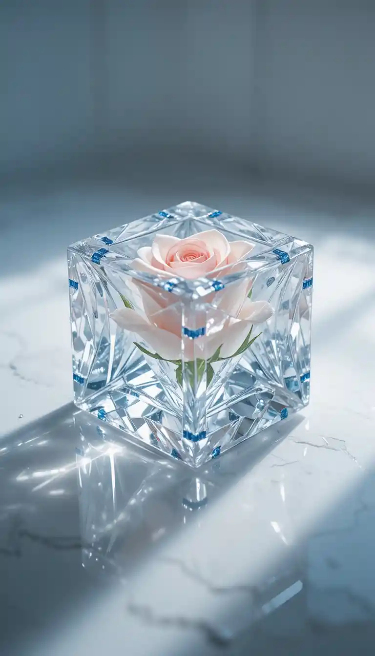 Cubo di ghiaccio di cristallo con faccette di diamante e rosa congelata