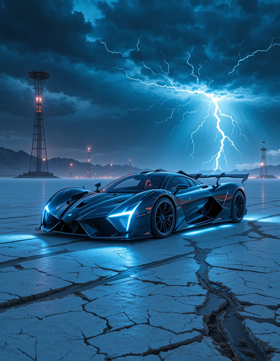 Hypercar cyberpunk correndo por um deserto de sal futurista