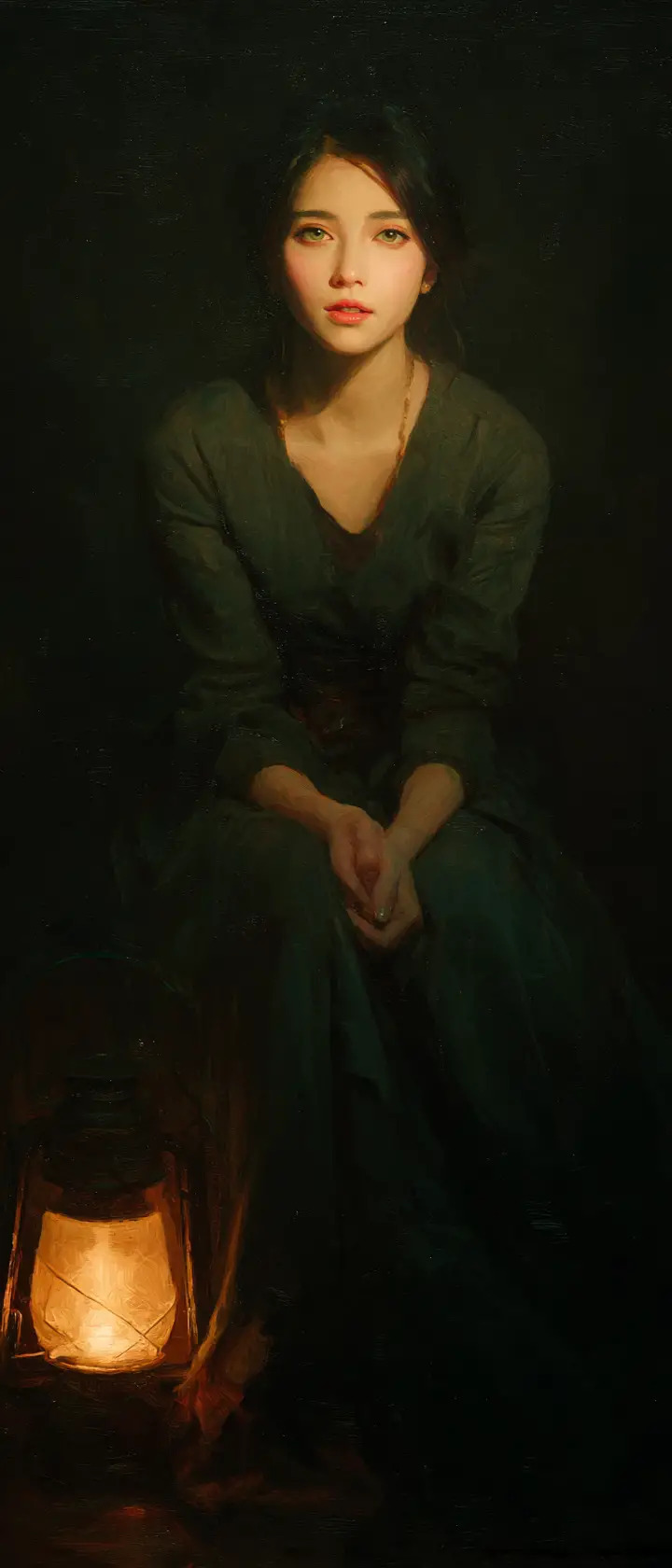 昏暗房間裡在點亮燈旁的充滿希望女子