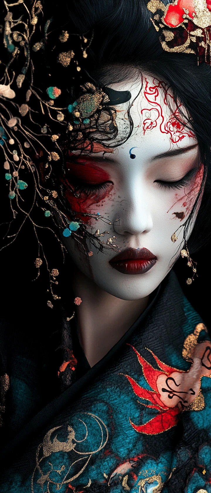 Close up woman with dramatic kabuki inspired face paint