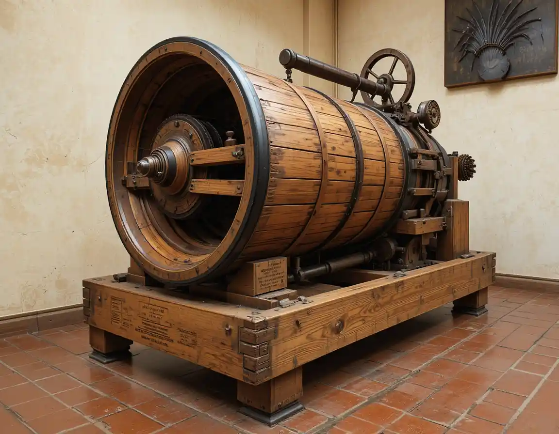 Primer plano de una antigua máquina de madera en exhibición de museo
